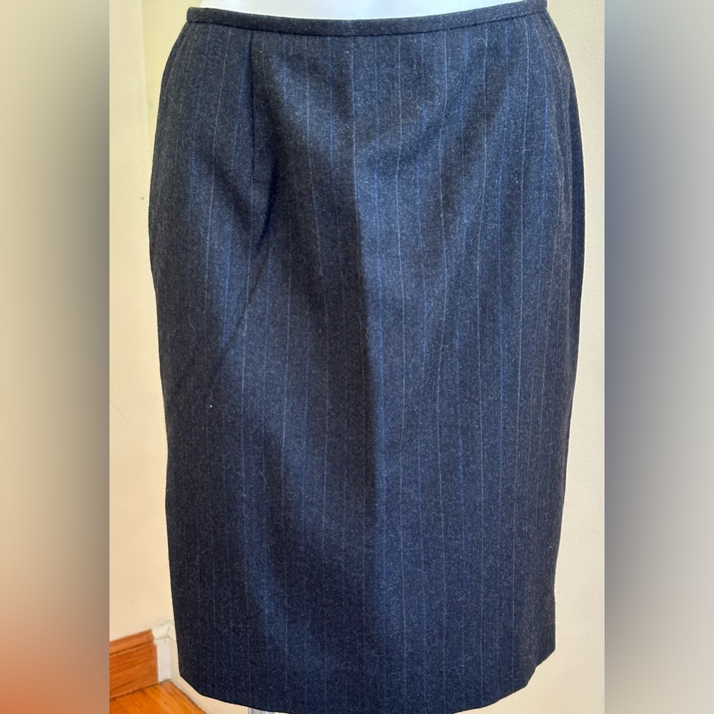 Ralph Lauren Midi Business Attire 100% Wool Skirt With Blue & Gray strip…